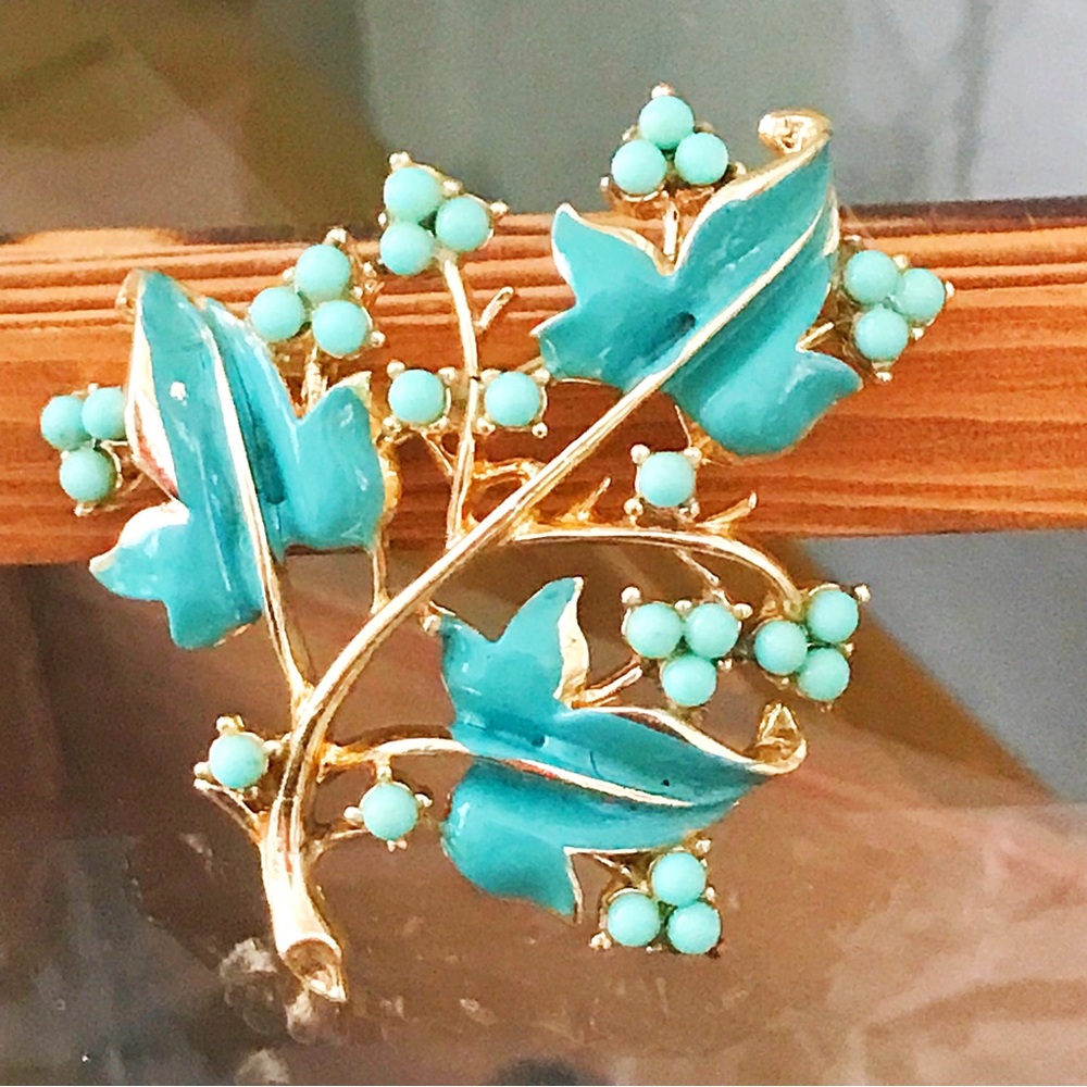 Vintage Coro Arbitus Turquoise Aqua Brooch Book Piece 1955